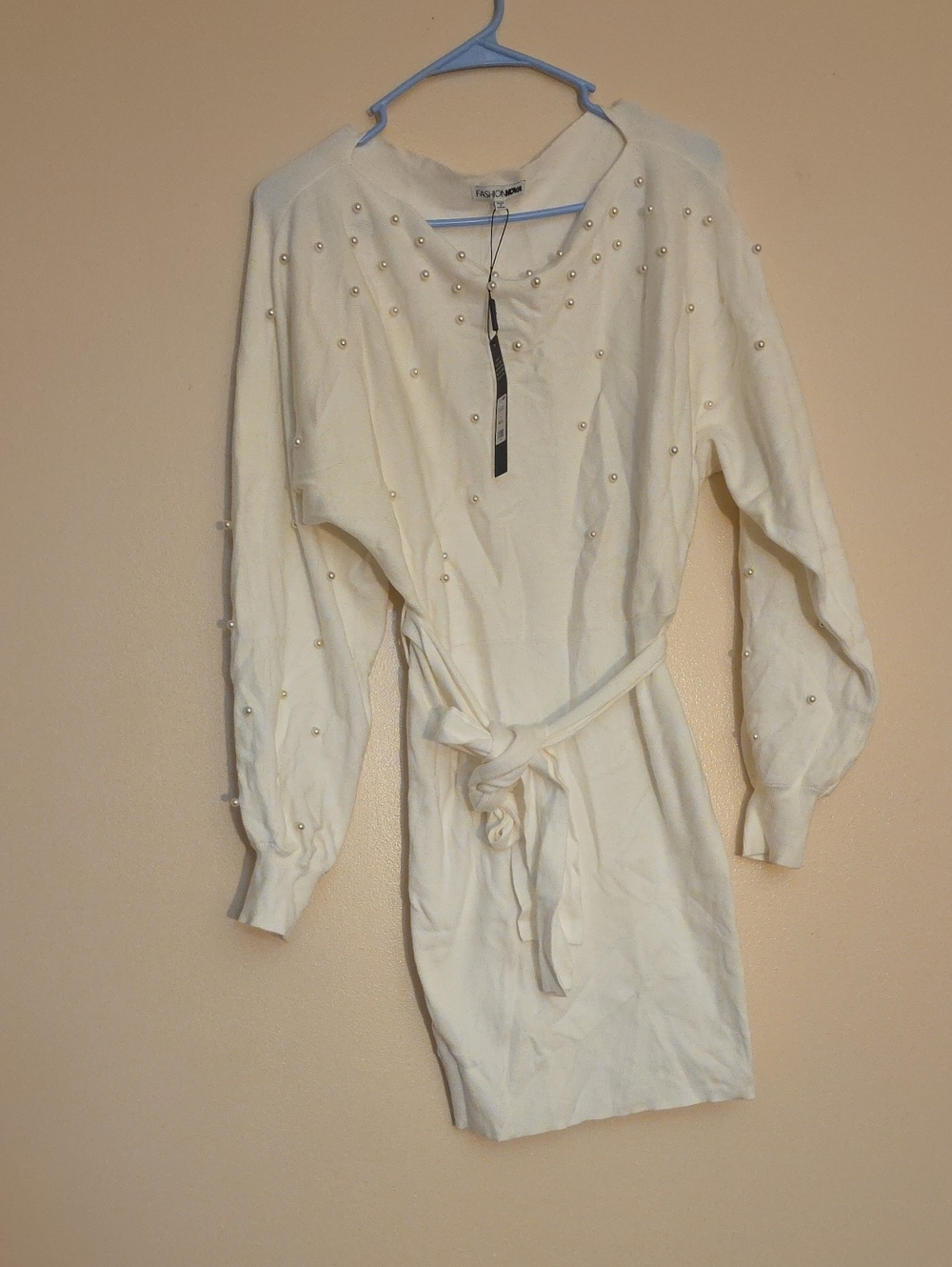 Fashion Nova Cream Pearl-Embellished Long Sleeve Tie-Waist Dress